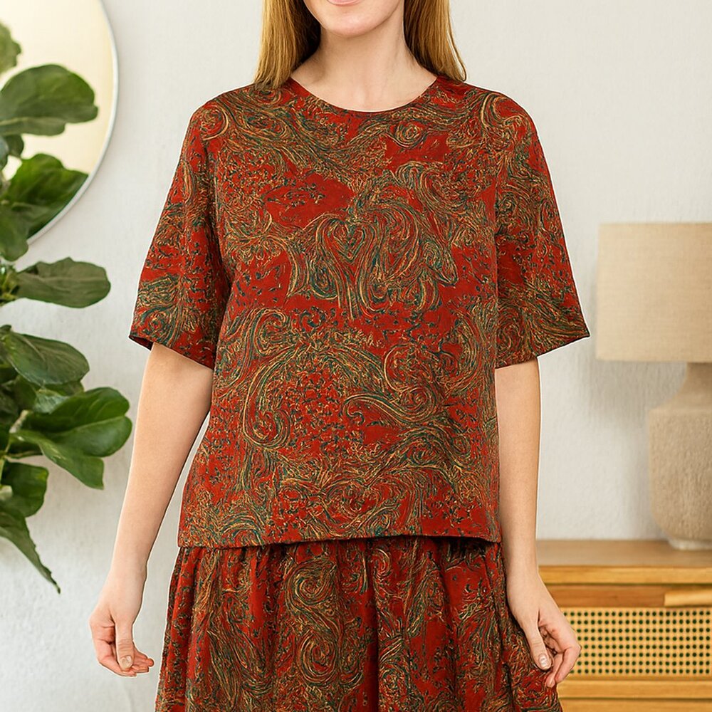 VTG Alfred Dunner Paisley Pleated 2PC Blouse Skirt Set Artsy Academia Career 14